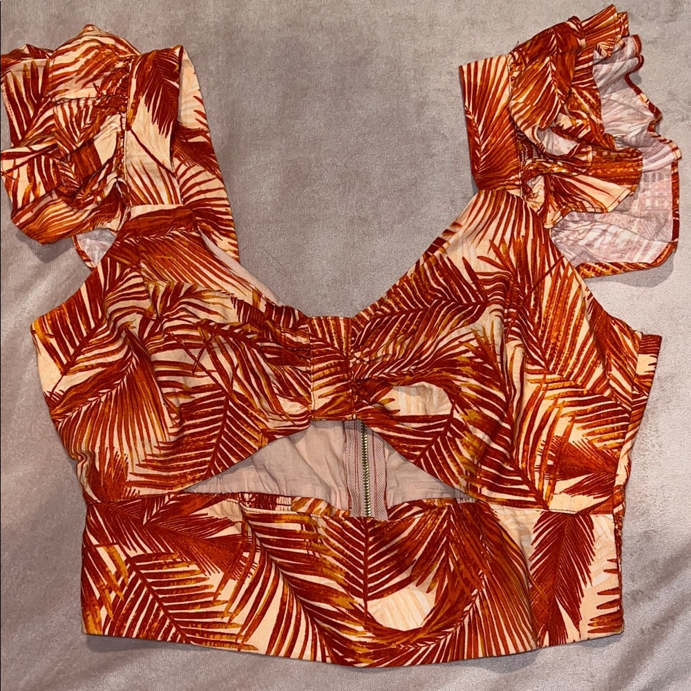 INC International Concepts Orange and Cream Leaf Crop Top